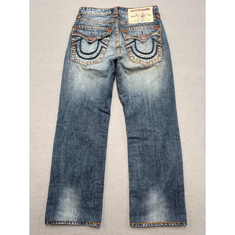True Religion Ricky Super T Jeans Mens 30 Blue Medium Wash Relaxed Straight Flap - Picture 2 of 11